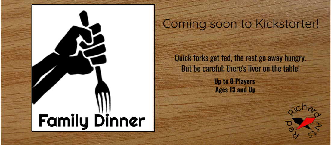 Advertisement for Family Dinner; a hand clenching a fork that is stabbing the words 'Family Dinner'